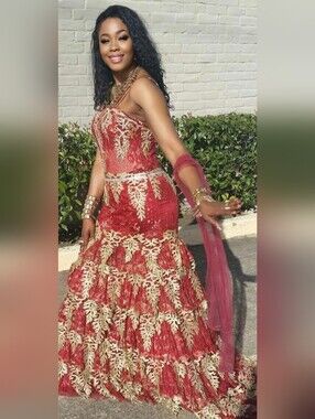 Romance Couture Red & Gold Beaded Mermaid Gown – Size 12